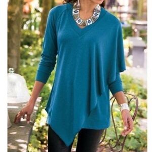 Soft Surroundings Madison V-Neck Cape Tunic Sweater Teal Blue Medium 28583